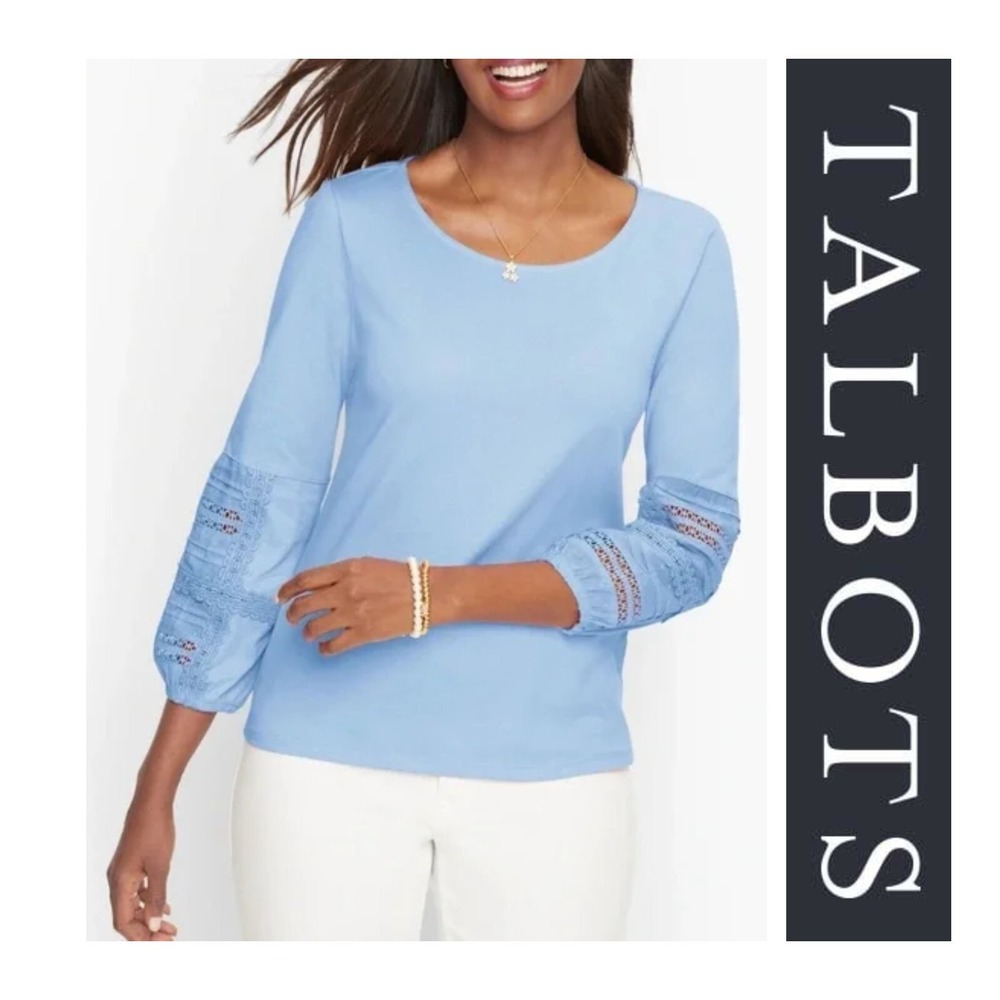 Talbots Light Blue Embroidered Crochet 3/4 Sleeve Cotton Blouse Top Size S